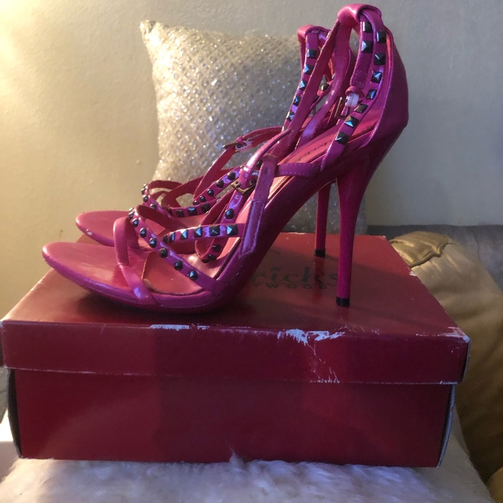 Fredericks of Hollywood, hot pink studded stiletto sandals